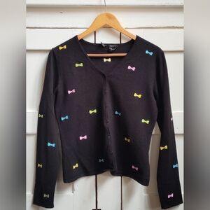Etoile Women's Black Sweater with Embroidered Pastel Bows | V Neck | Sz Medium